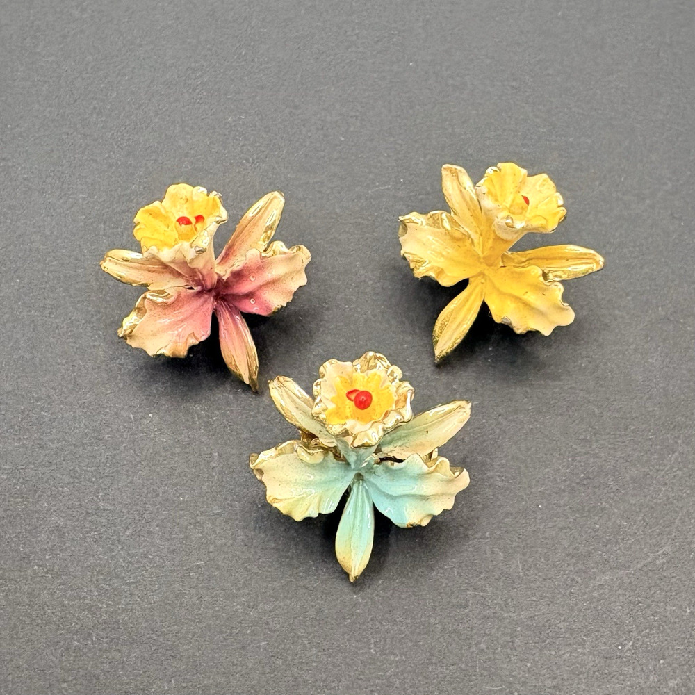 Vintage Lot of 3 Mini Orchid Flower Brooch Pin Enamel Mid Century‎ Floral Dainty